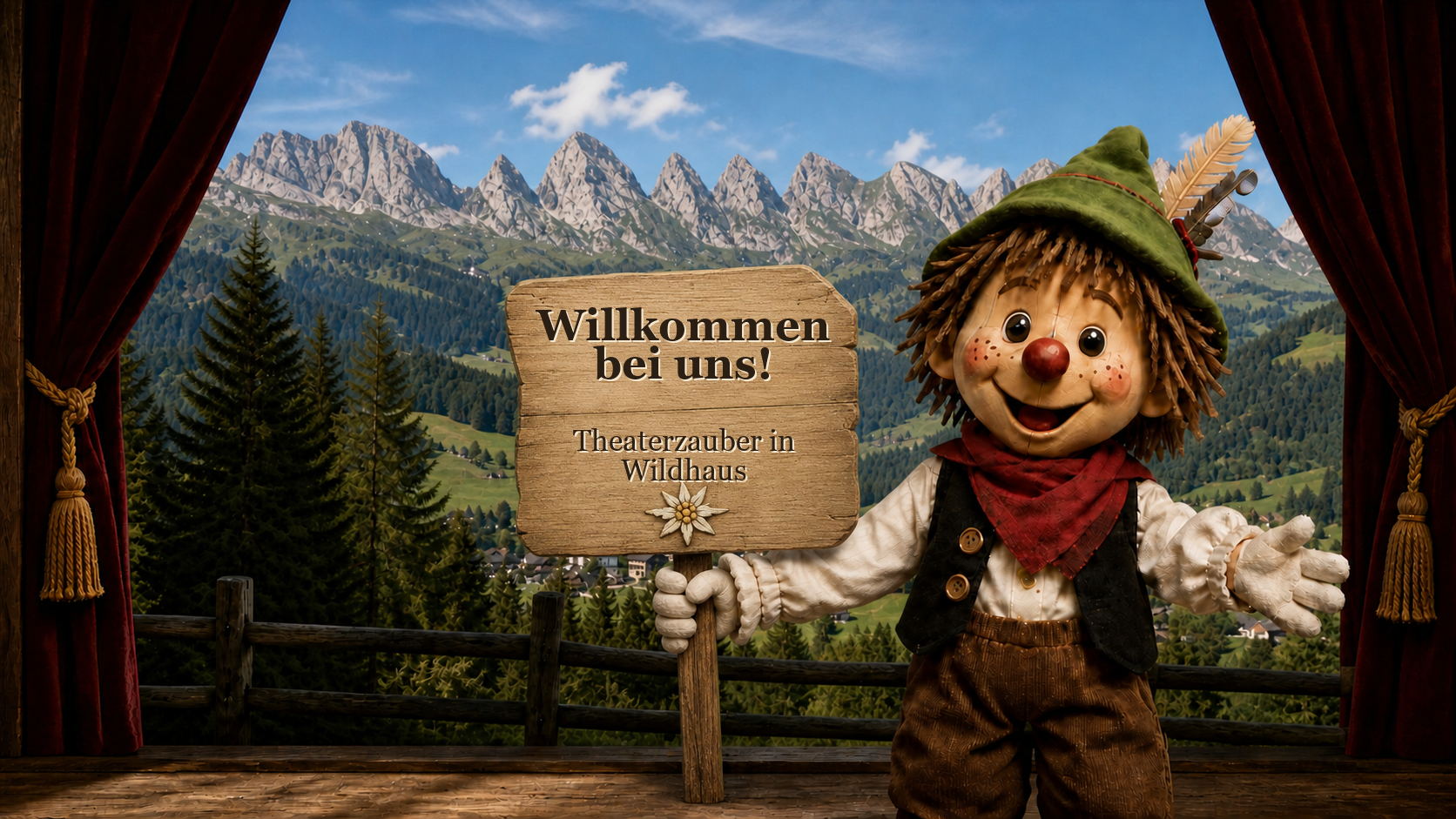 Fröhliche Theaterpuppe hält eine Willkommenstafel vor den sieben Churfirsten
