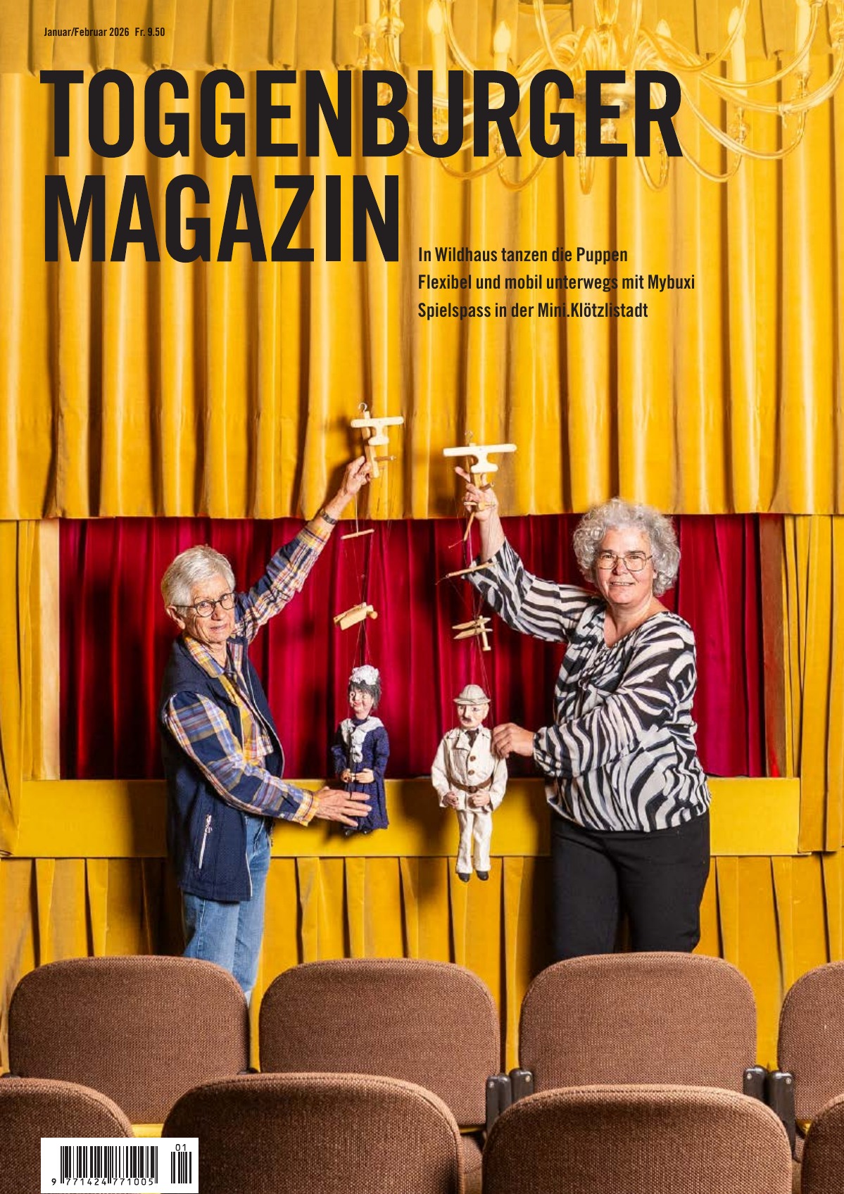 Titelblatt des Toggenburger Magazins Januar und Februar 2026 mit zwei Puppenspielerinnen im Puppentheater Wildhaus